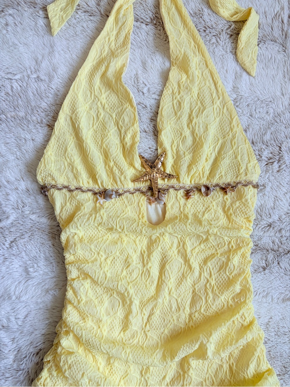 🧚Fairycore Y2K Style Mermaid Butter Yellow Halter Mini Dress Coquette Beach Euro - Picture 2 of 8